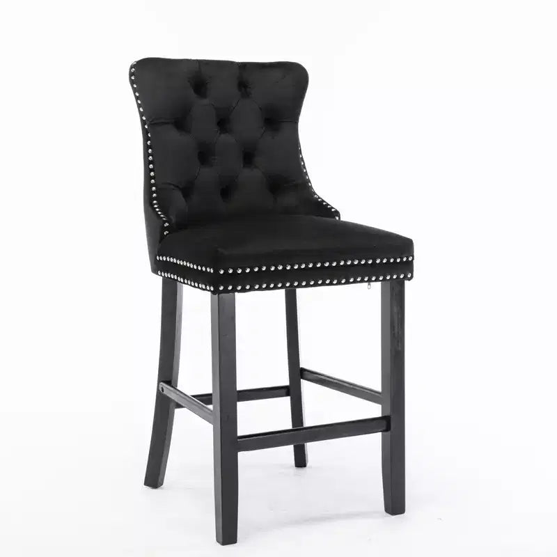 Set of 2 Bar Chairs, Contemporary Velvet Upholstered Barstools with Button Tufted Decoration and Wooden Legs