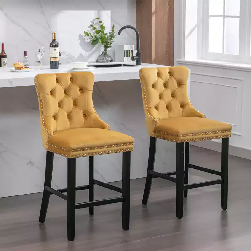 Set of 2 Bar Chairs, Contemporary Velvet Upholstered Barstools with Button Tufted Decoration and Wooden Legs