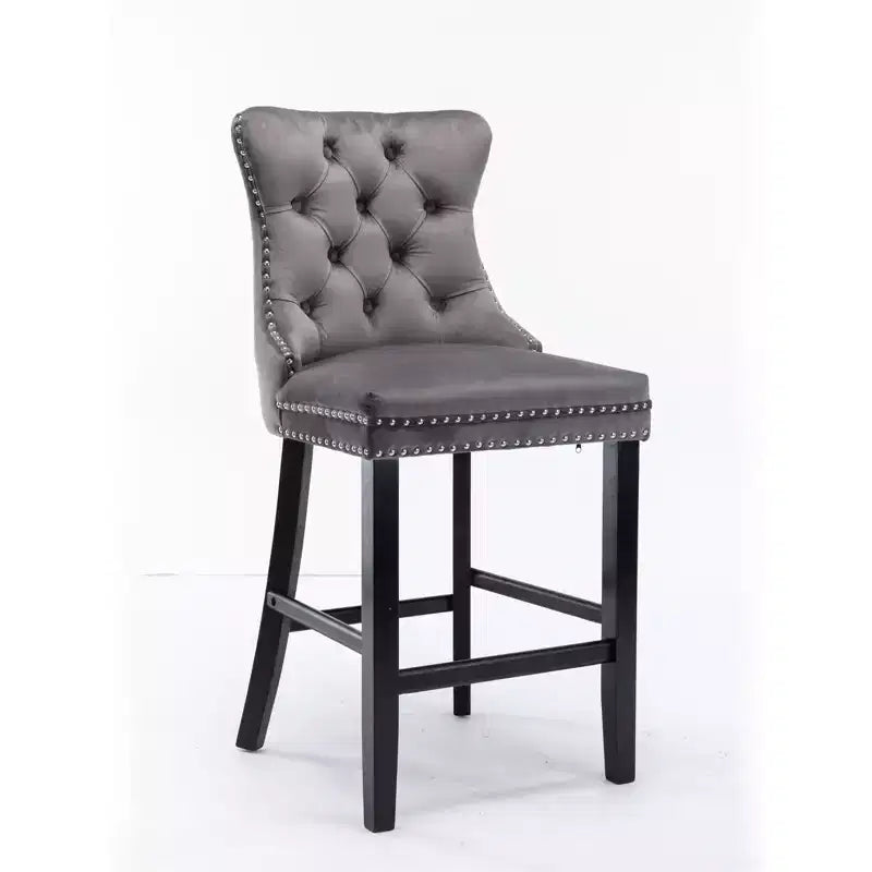 Set of 2 Bar Chairs, Contemporary Velvet Upholstered Barstools with Button Tufted Decoration and Wooden Legs