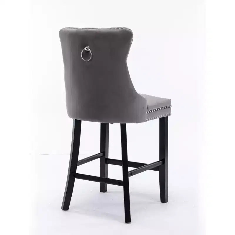 Set of 2 Bar Chairs, Contemporary Velvet Upholstered Barstools with Button Tufted Decoration and Wooden Legs