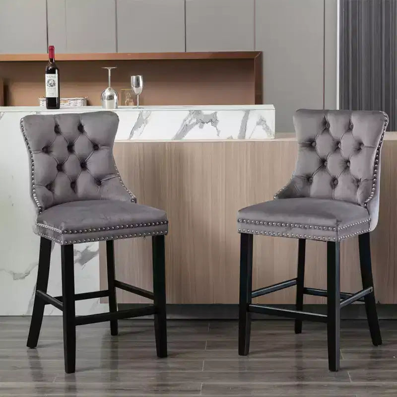 Set of 2 Bar Chairs, Contemporary Velvet Upholstered Barstools with Button Tufted Decoration and Wooden Legs