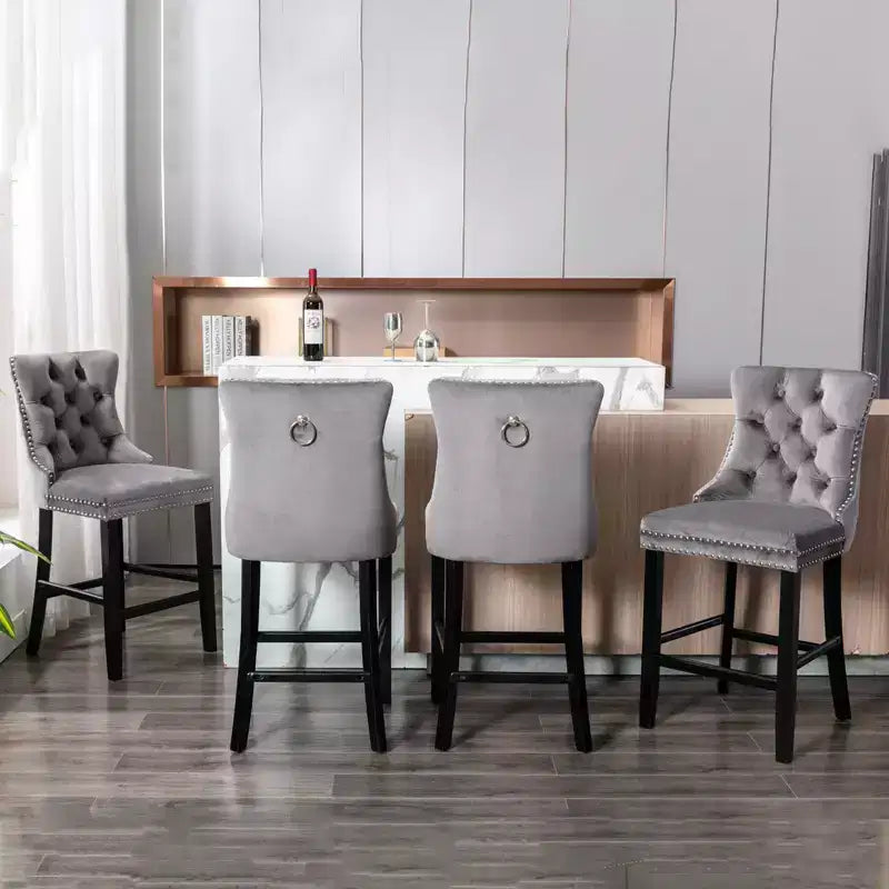 Set of 2 Bar Chairs, Contemporary Velvet Upholstered Barstools with Button Tufted Decoration and Wooden Legs