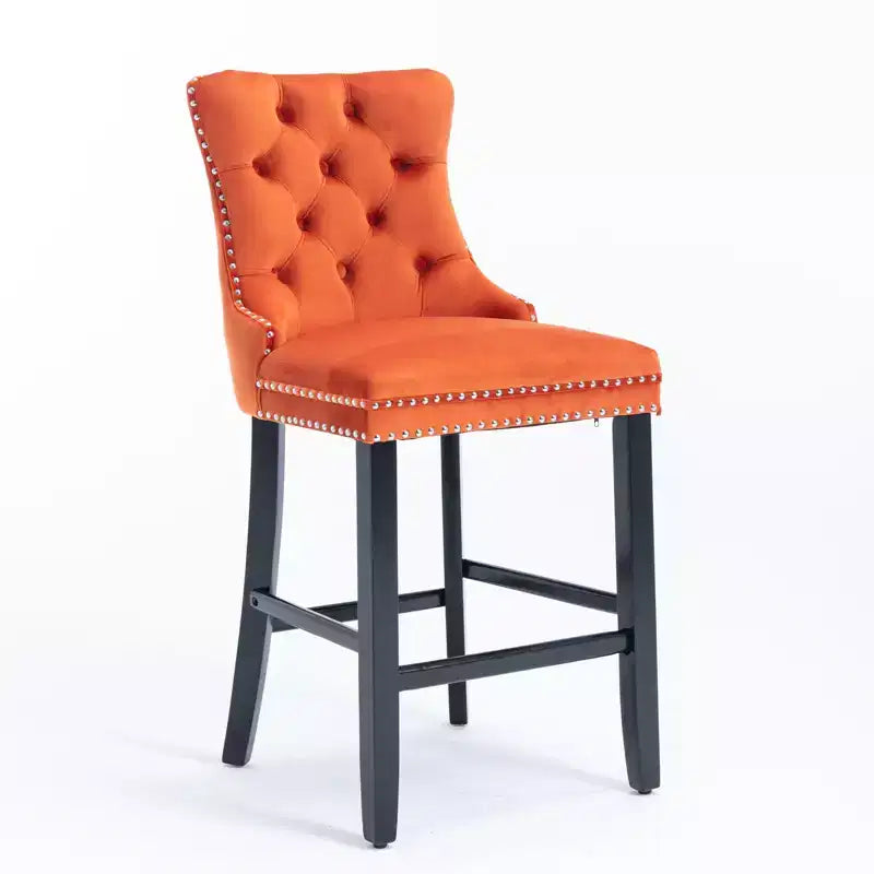 Set of 2 Bar Chairs, Contemporary Velvet Upholstered Barstools with Button Tufted Decoration and Wooden Legs