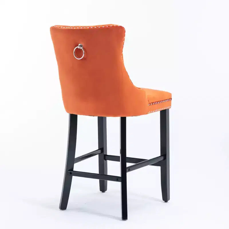 Set of 2 Bar Chairs, Contemporary Velvet Upholstered Barstools with Button Tufted Decoration and Wooden Legs