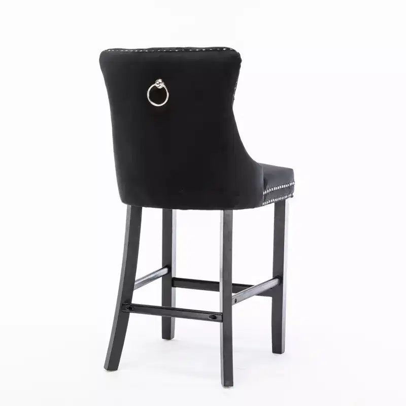 Set of 2 Bar Chairs, Contemporary Velvet Upholstered Barstools with Button Tufted Decoration and Wooden Legs