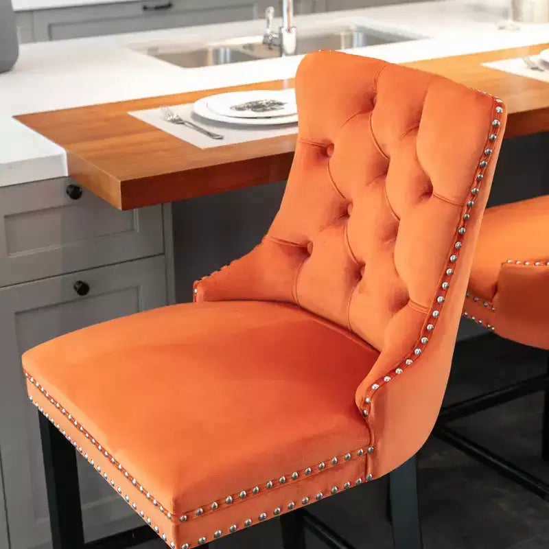 Set of 2 Bar Chairs, Contemporary Velvet Upholstered Barstools with Button Tufted Decoration and Wooden Legs