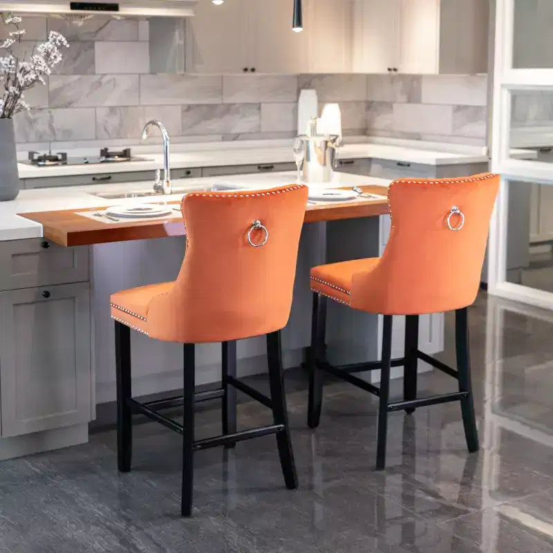 Set of 2 Bar Chairs, Contemporary Velvet Upholstered Barstools with Button Tufted Decoration and Wooden Legs