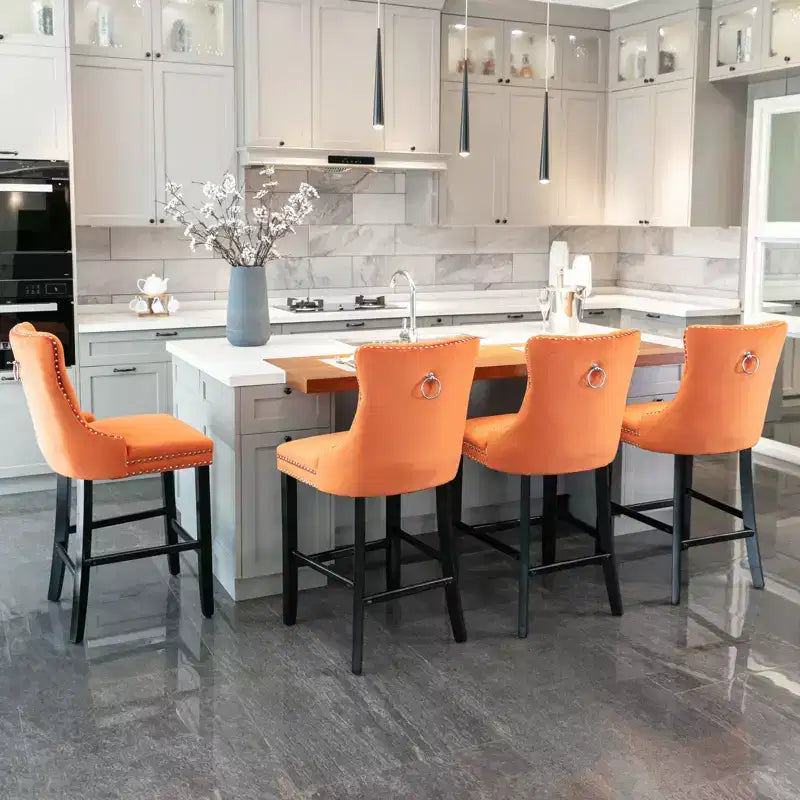 Set of 2 Bar Chairs, Contemporary Velvet Upholstered Barstools with Button Tufted Decoration and Wooden Legs