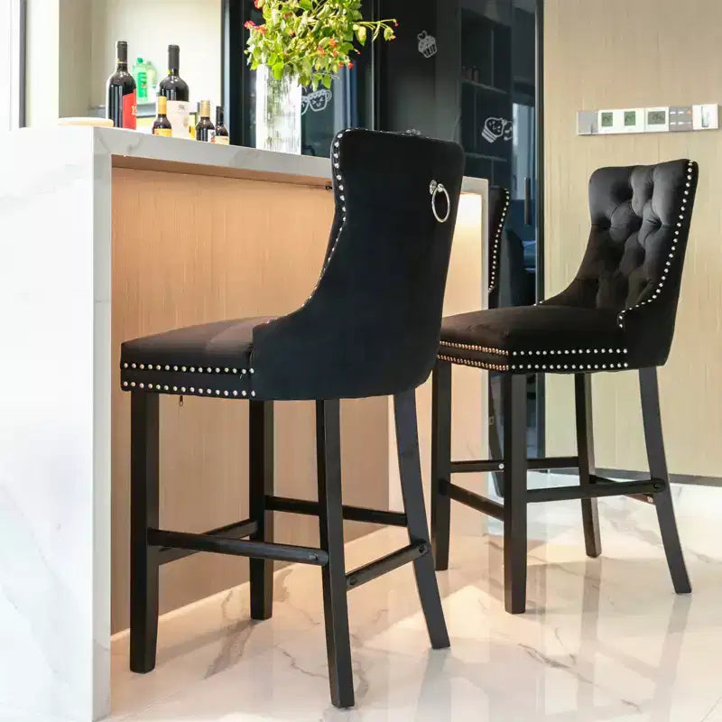 Set of 2 Bar Chairs, Contemporary Velvet Upholstered Barstools with Button Tufted Decoration and Wooden Legs