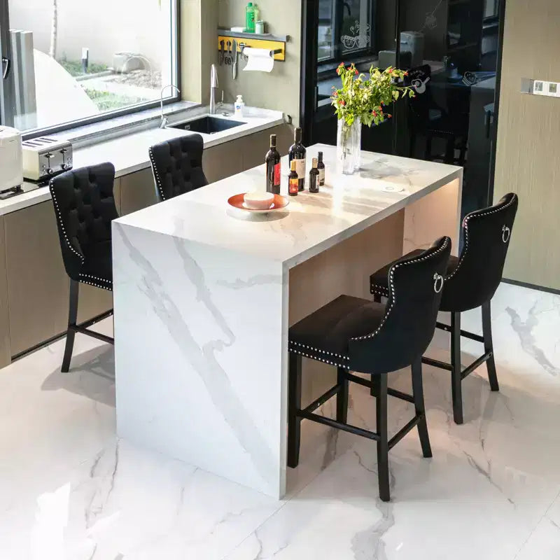 Set of 2 Bar Chairs, Contemporary Velvet Upholstered Barstools with Button Tufted Decoration and Wooden Legs
