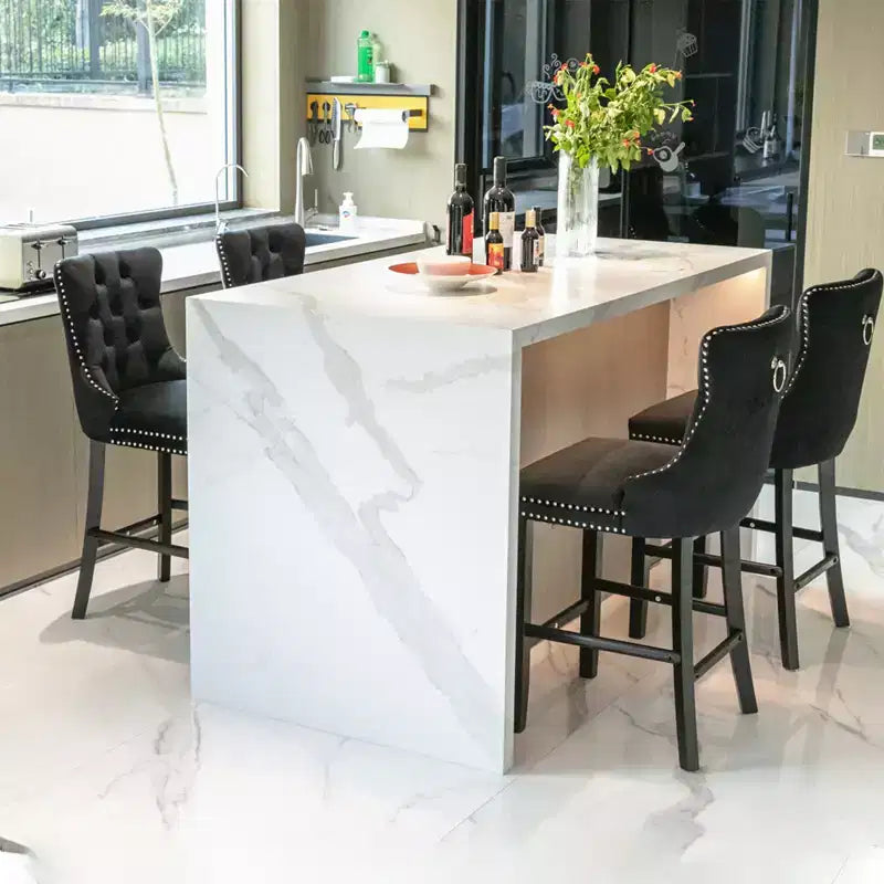 Set of 2 Bar Chairs, Contemporary Velvet Upholstered Barstools with Button Tufted Decoration and Wooden Legs