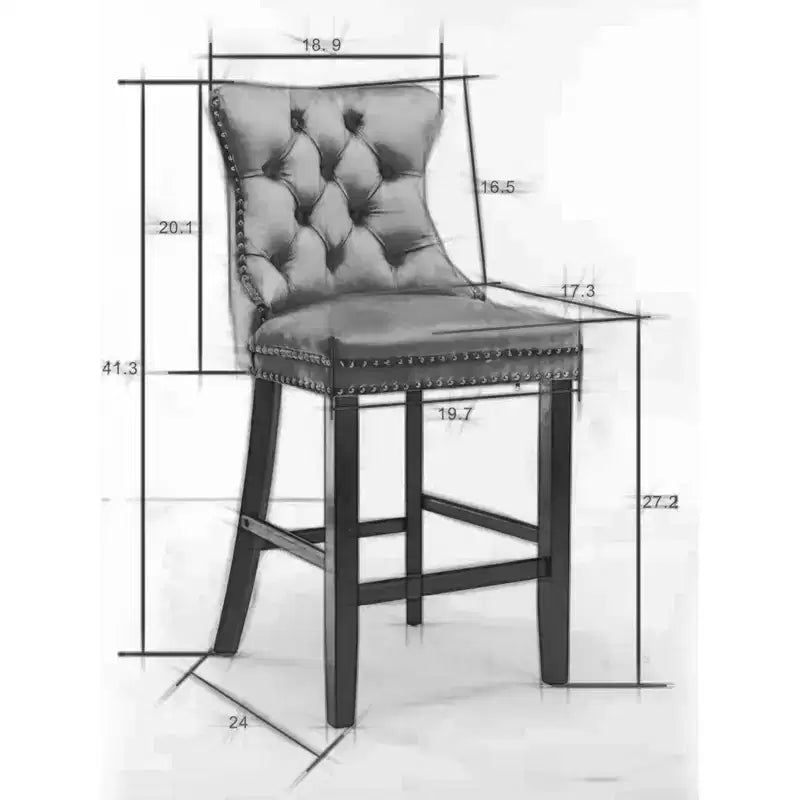 Set of 2 Bar Chairs, Contemporary Velvet Upholstered Barstools with Button Tufted Decoration and Wooden Legs