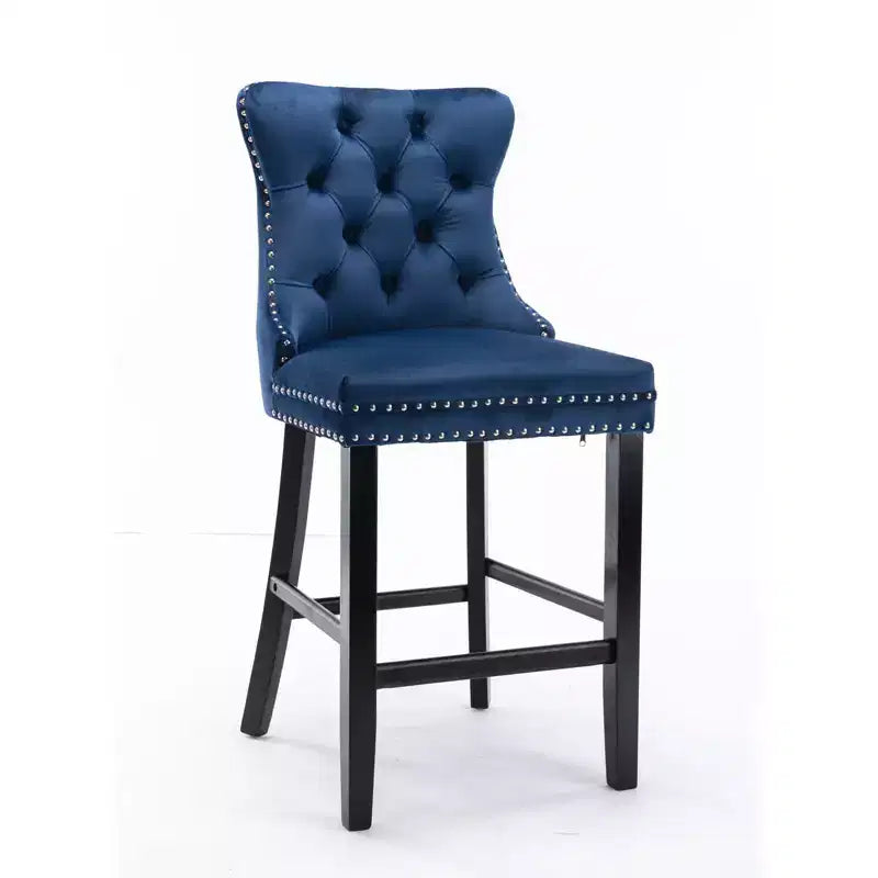 Set of 2 Bar Chairs, Contemporary Velvet Upholstered Barstools with Button Tufted Decoration and Wooden Legs