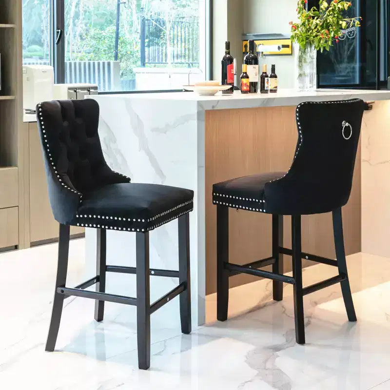 CLIHOME Set of 2 Bar Chairs, Contemporary Velvet Upholstered Barstools with Button Tufted Decoration and Wooden Legs