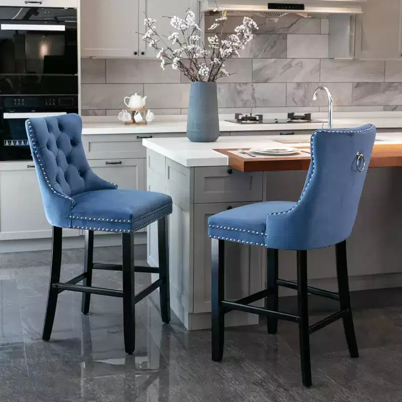 Set of 2 Bar Chairs, Contemporary Velvet Upholstered Barstools with Button Tufted Decoration and Wooden Legs