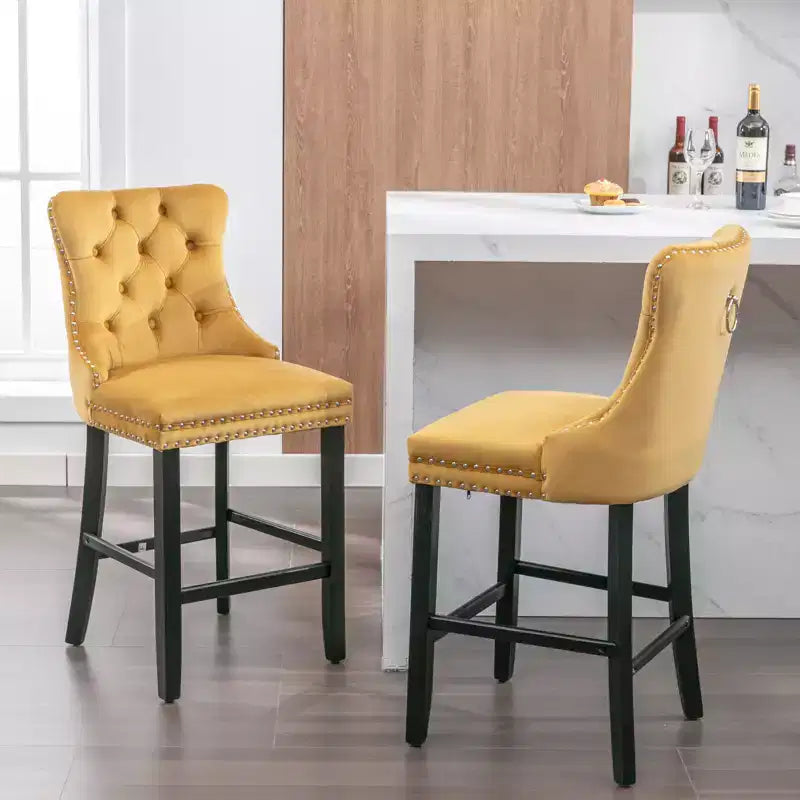 Set of 2 Bar Chairs, Contemporary Velvet Upholstered Barstools with Button Tufted Decoration and Wooden Legs