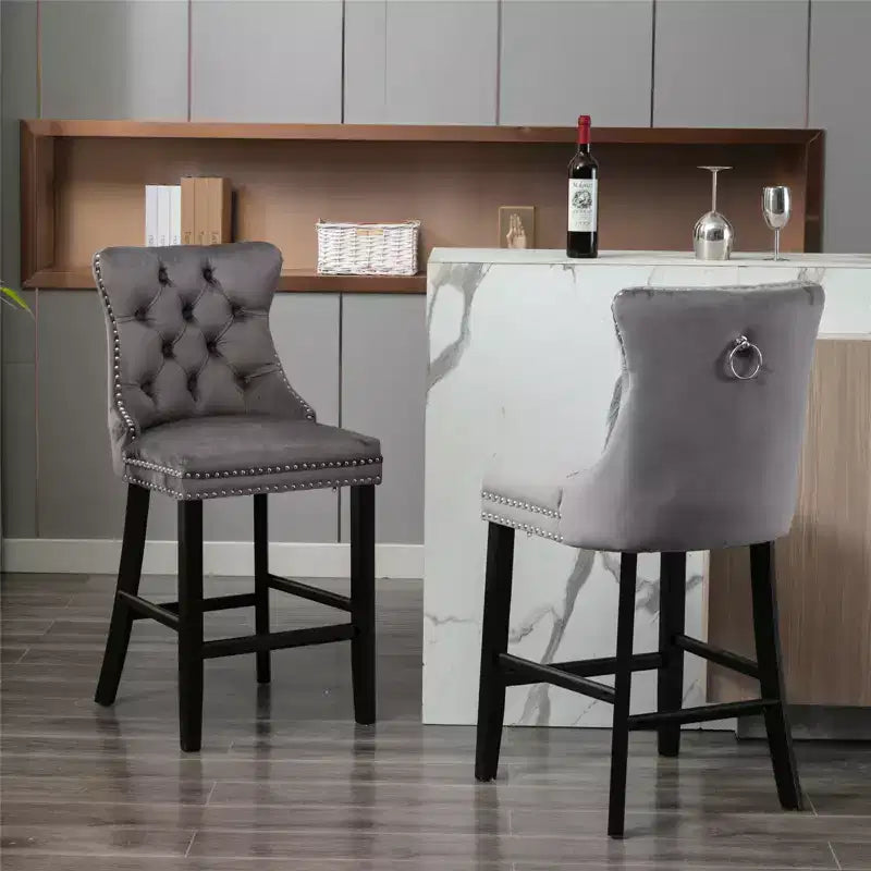 Set of 2 Bar Chairs, Contemporary Velvet Upholstered Barstools with Button Tufted Decoration and Wooden Legs