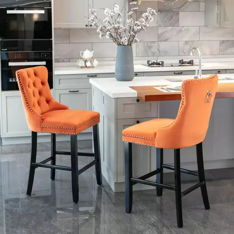 Set of 2 Bar Chairs, Contemporary Velvet Upholstered Barstools with Button Tufted Decoration and Wooden Legs