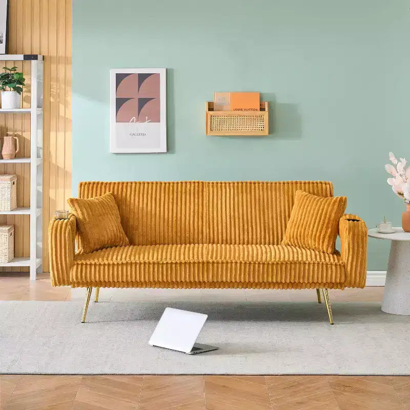 MAYEERTY Straight Corduroy Sofa Bed with Pillows Adjustable in The Three Levels for Use In Living Room Orange