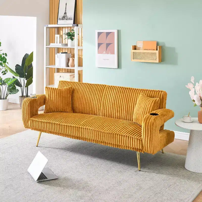 Straight Corduroy Sofa Bed with Pillows Adjustable in The Three Levels for Use In Living Room Orange