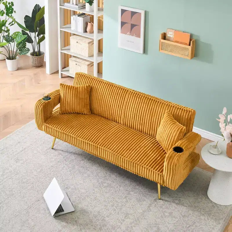 Straight Corduroy Sofa Bed with Pillows Adjustable in The Three Levels for Use In Living Room Orange