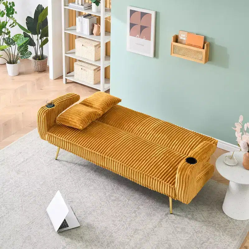 Straight Corduroy Sofa Bed with Pillows Adjustable in The Three Levels for Use In Living Room Orange