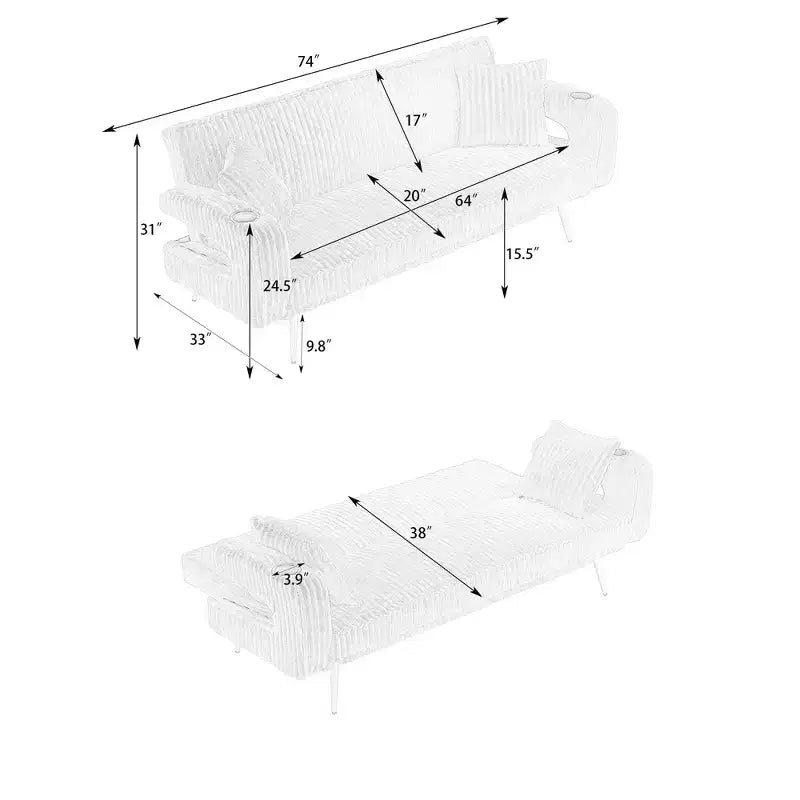 Straight Corduroy Sofa Bed with Pillows Adjustable in The Three Levels for Use In Living Room Orange