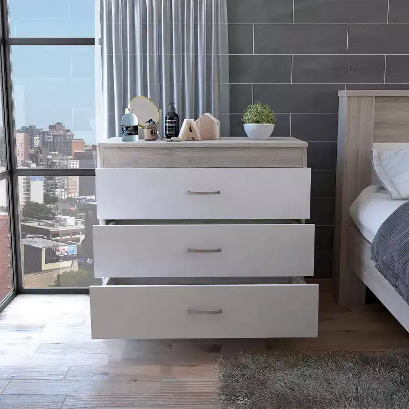 Modern 3-Drawer Compact Dresser Wood Finish, Stacked Drawers for Ample Storage, Metal Handles for Living Room/Bedroom/Office
