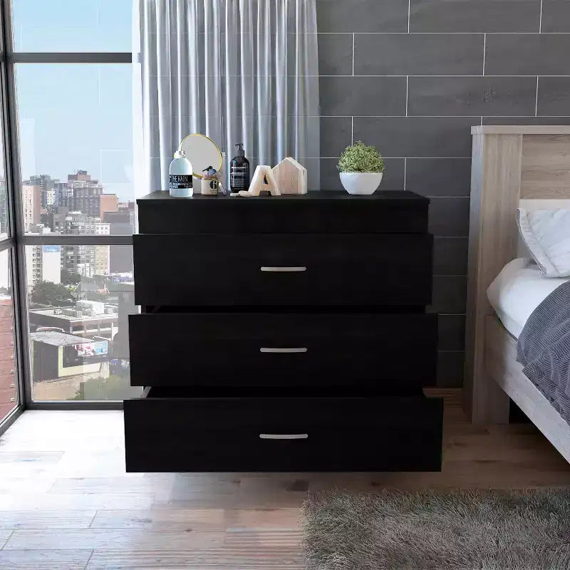 Modern 3-Drawer Compact Dresser Wood Finish, Stacked Drawers for Ample Storage, Metal Handles for Living Room/Bedroom/Office
