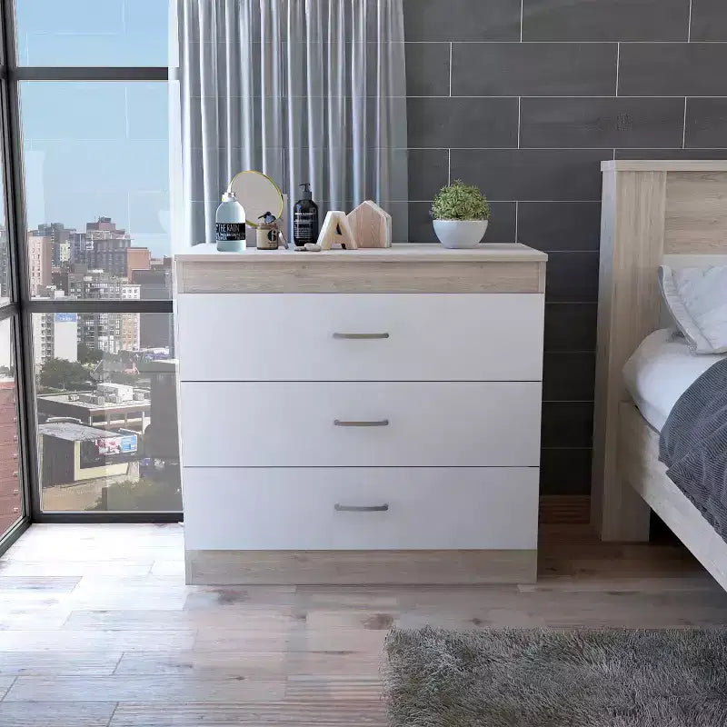 Modern 3-Drawer Compact Dresser Wood Finish, Stacked Drawers for Ample Storage, Metal Handles for Living Room/Bedroom/Office