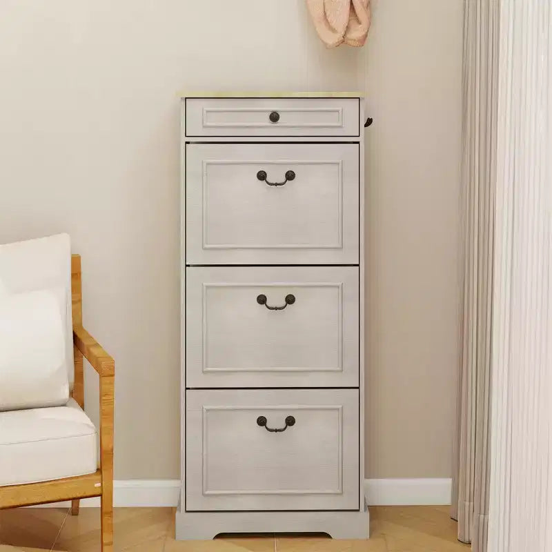 AndMakers 48.22 in. H x 20.86 in. W Antique White Shoe Cabinet with 1 Drawer and 3 Flip Drawers