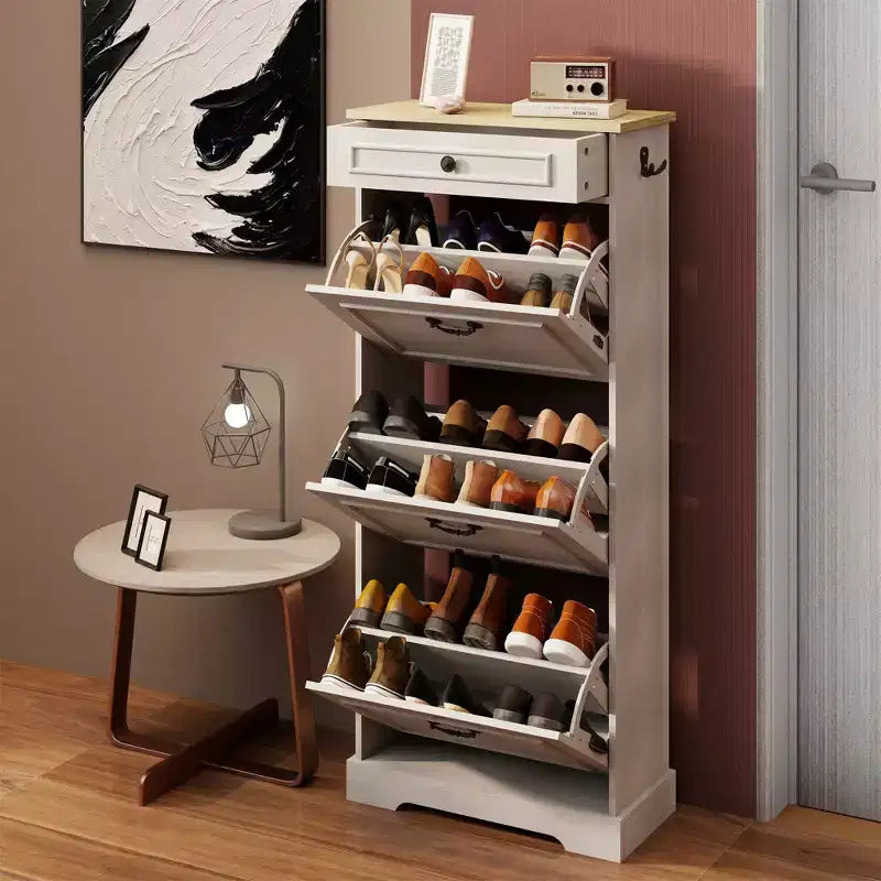 48.22 in. H x 20.86 in. W Antique White Shoe Cabinet with 1 Drawer and 3 Flip Drawers