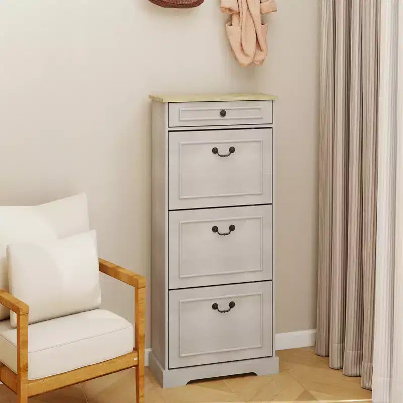 48.22 in. H x 20.86 in. W Antique White Shoe Cabinet with 1 Drawer and 3 Flip Drawers