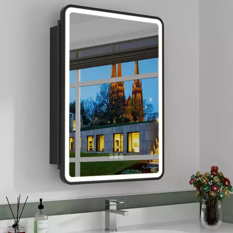 Medicine Cabinet with LED Mirror,Surface or Recessed Mount,Defogger,Memory Function,3-Color Lighting,USB&Outlet,Dimmer,Storage Shelf