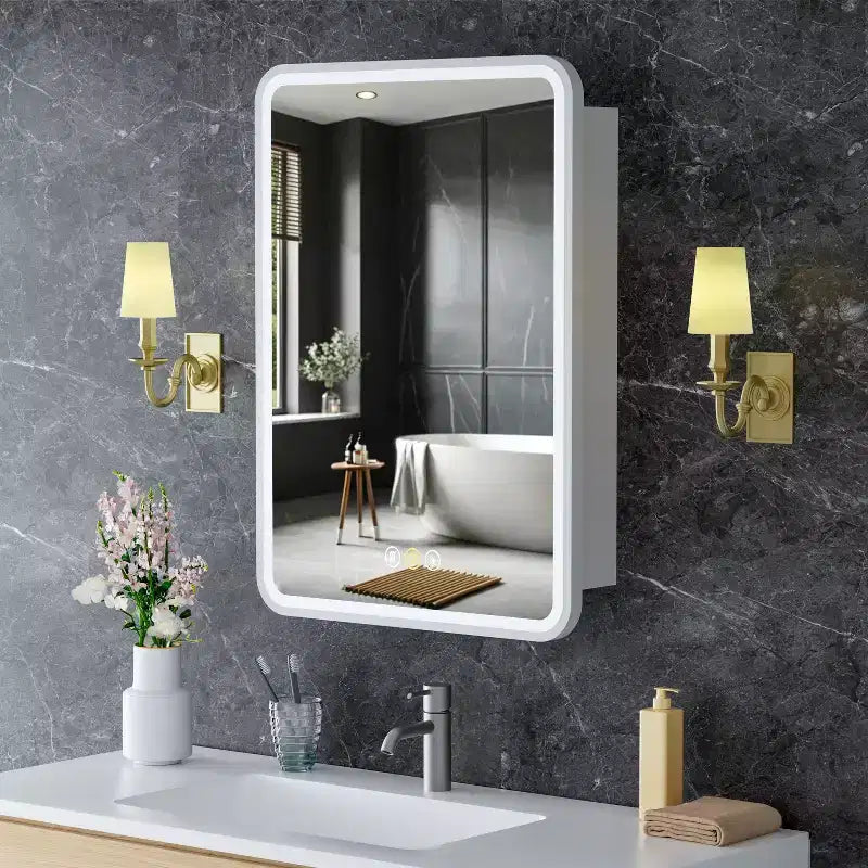 Medicine Cabinet with LED Mirror,Surface or Recessed Mount,Defogger,Memory Function,3-Color Lighting,USB&Outlet,Dimmer,Storage Shelf