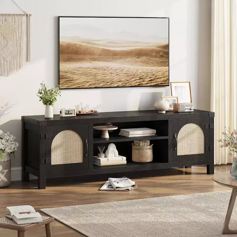 59 Boho TV Stand - Rattan Door Entertainment Center w/ Adjustable Shelves for 65 TVs