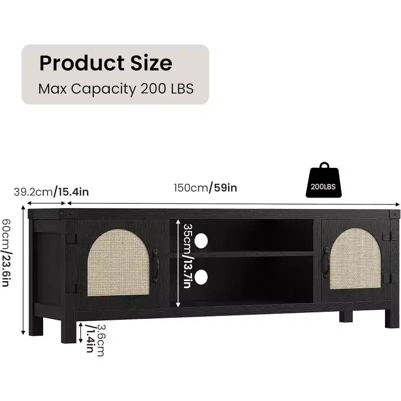 59 Boho TV Stand - Rattan Door Entertainment Center w/ Adjustable Shelves for 65 TVs