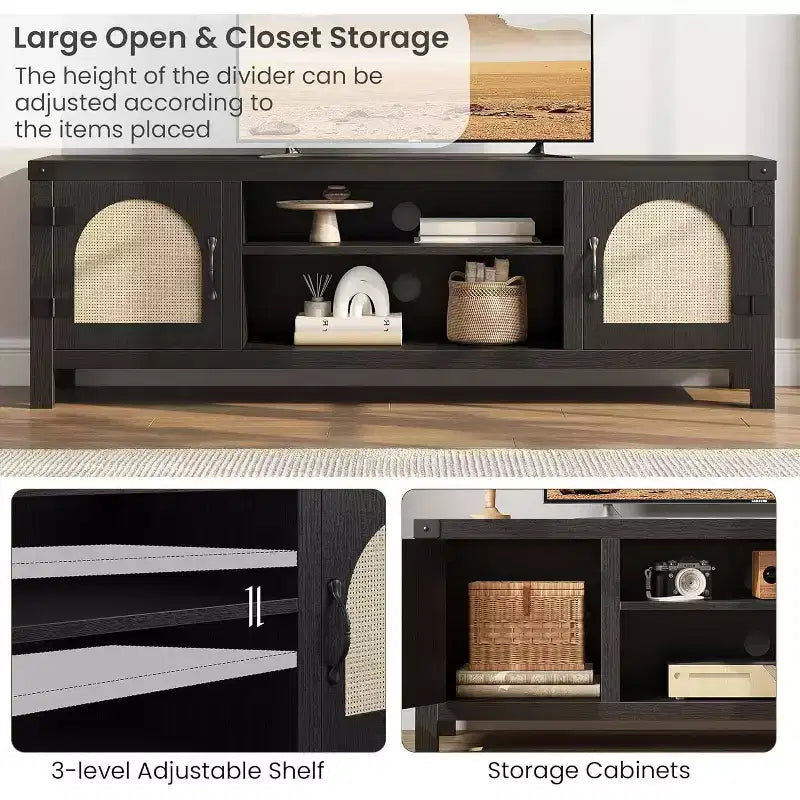 59 Boho TV Stand - Rattan Door Entertainment Center w/ Adjustable Shelves for 65 TVs