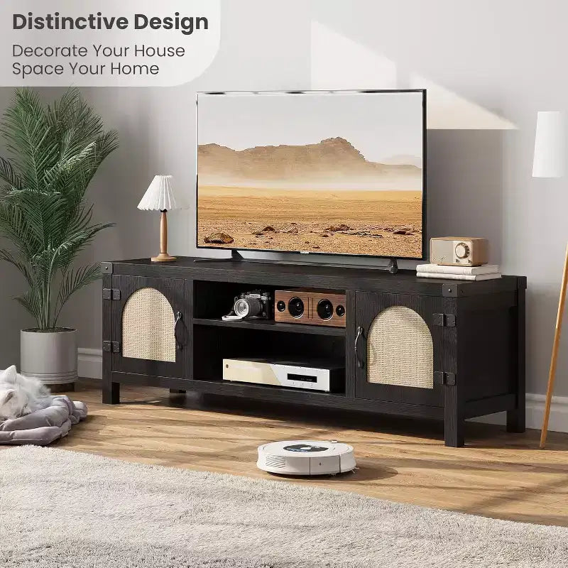 59 Boho TV Stand - Rattan Door Entertainment Center w/ Adjustable Shelves for 65 TVs