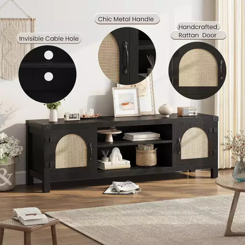 59 Boho TV Stand - Rattan Door Entertainment Center w/ Adjustable Shelves for 65 TVs