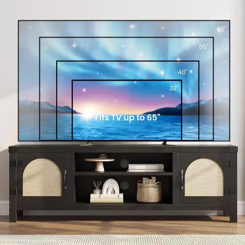 59 Boho TV Stand - Rattan Door Entertainment Center w/ Adjustable Shelves for 65 TVs