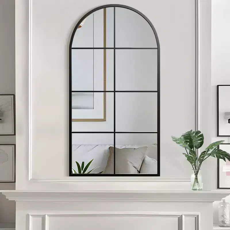 55 In.H X 28 In.W Iron Right Angled Arched Black Window Frame With Hanging Mirror