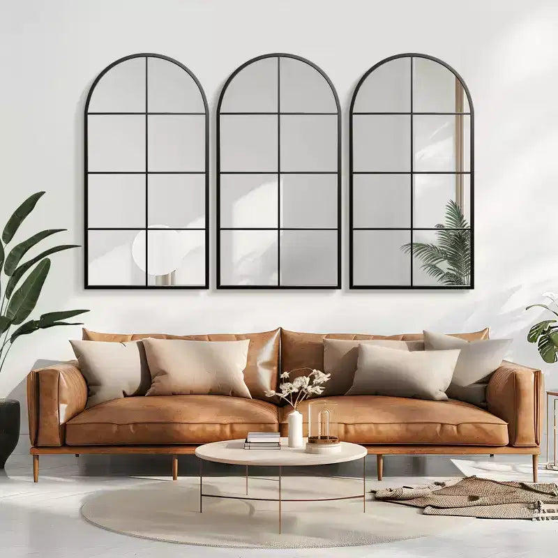55 In.H X 28 In.W Iron Right Angled Arched Black Window Frame With Hanging Mirror