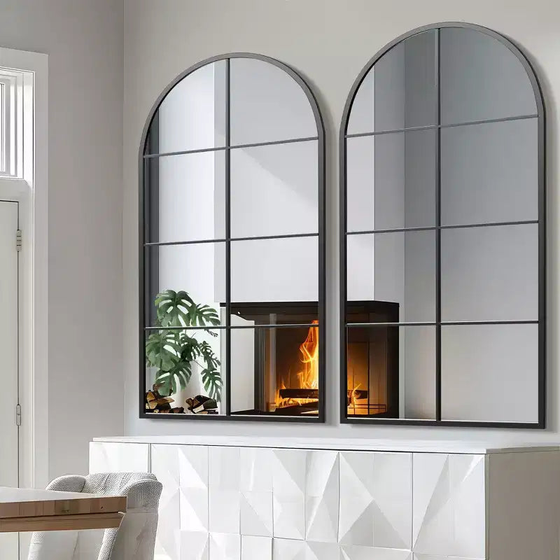 55 In.H X 28 In.W Iron Right Angled Arched Black Window Frame With Hanging Mirror