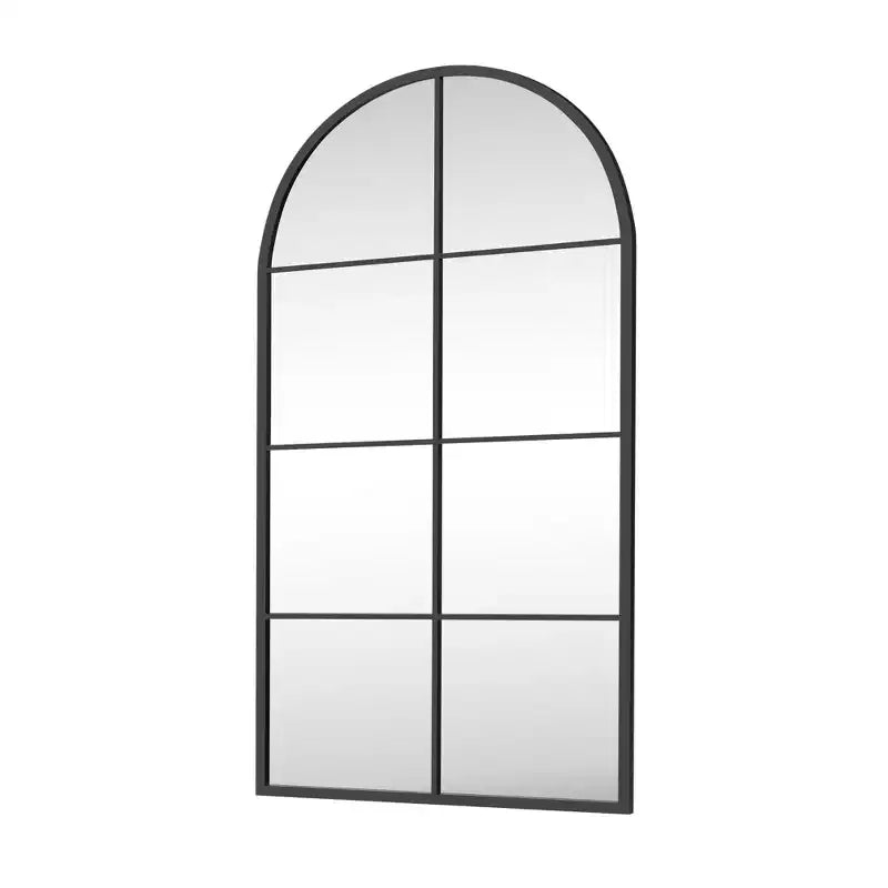 55 In.H X 28 In.W Iron Right Angled Arched Black Window Frame With Hanging Mirror
