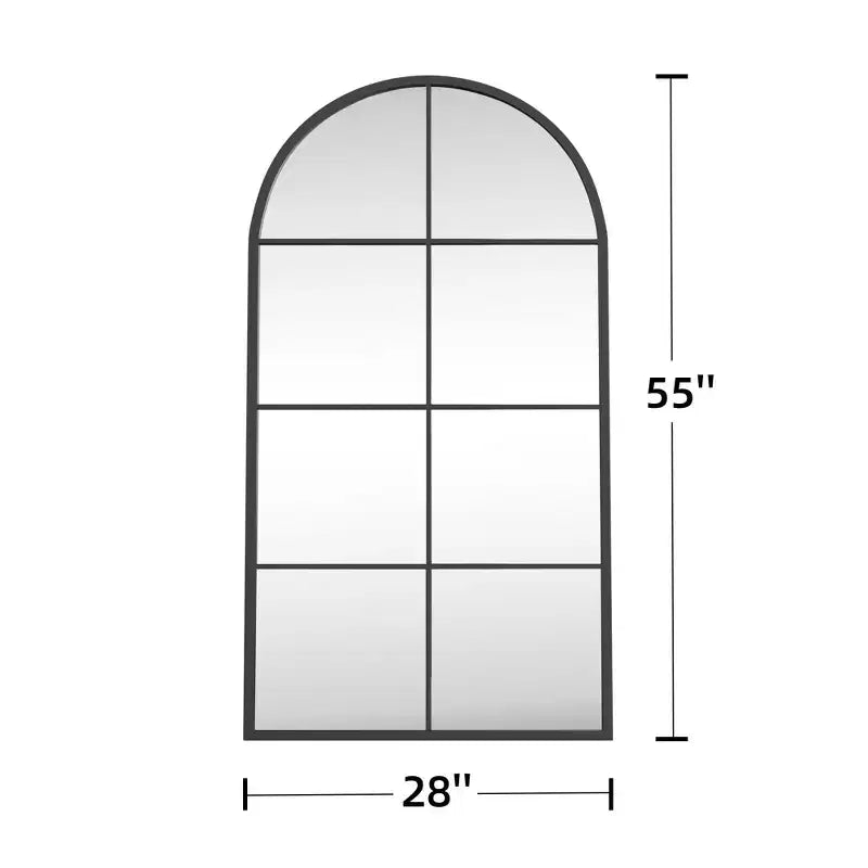 55 In.H X 28 In.W Iron Right Angled Arched Black Window Frame With Hanging Mirror