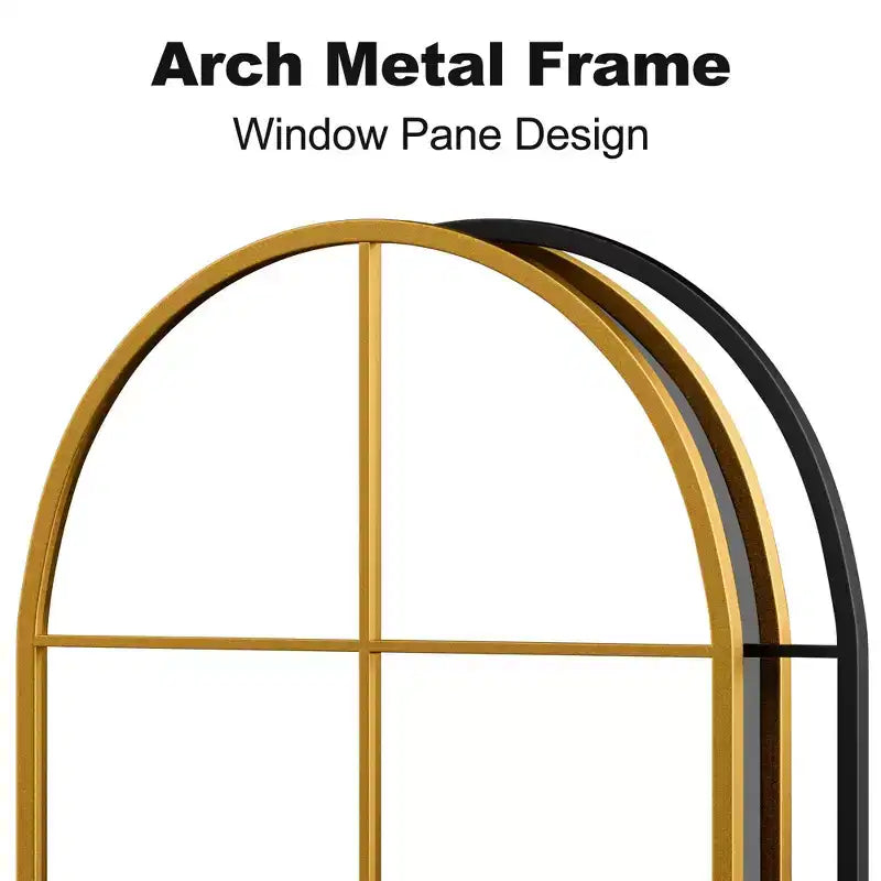 55 In.H X 28 In.W Iron Right Angled Arched Black Window Frame With Hanging Mirror