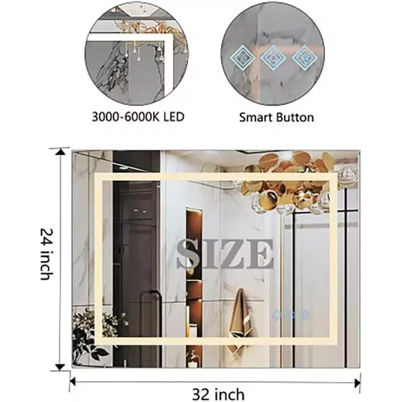32 x 24 Inch Bathroom Mirror, Wall Mounted Vanity Mirror with Touch Dimming, Smart Memory, Anti-Fog and IP54 Waterproof
