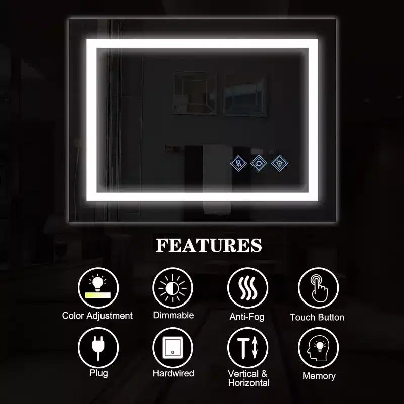 32 x 24 Inch Bathroom Mirror, Wall Mounted Vanity Mirror with Touch Dimming, Smart Memory, Anti-Fog and IP54 Waterproof