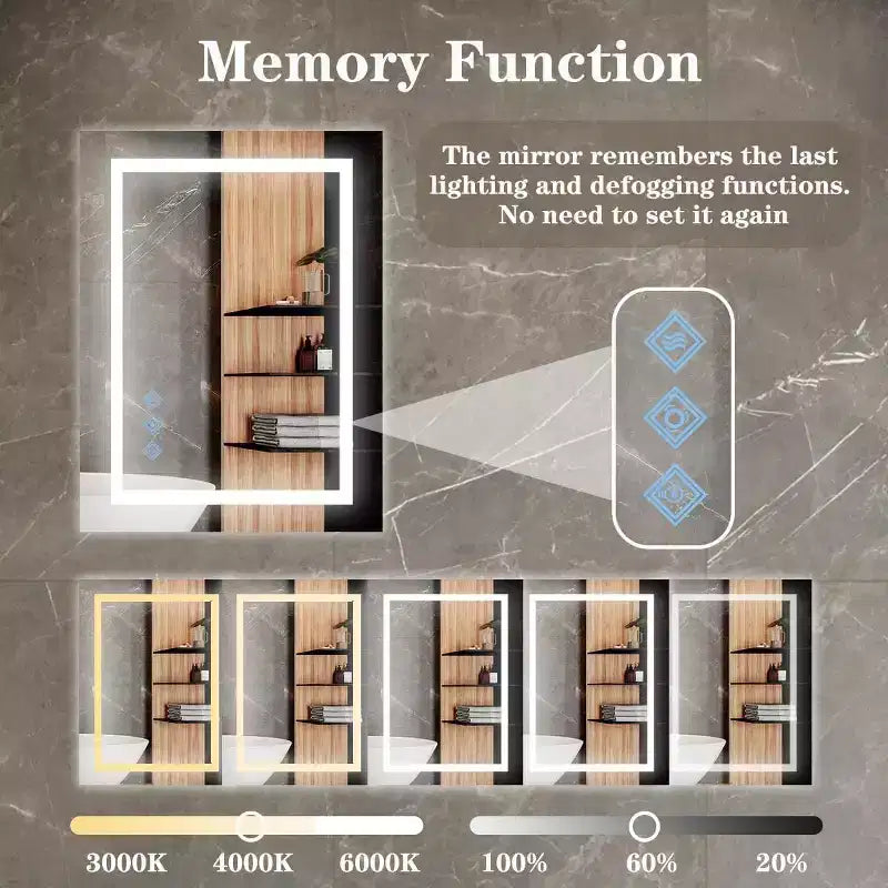 32 x 24 Inch Bathroom Mirror, Wall Mounted Vanity Mirror with Touch Dimming, Smart Memory, Anti-Fog and IP54 Waterproof